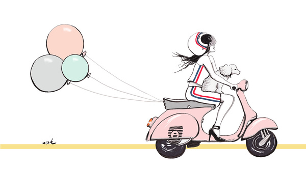Девушка с собакой едет на розовом мотороллере