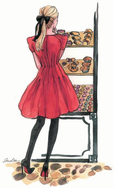 Девушка в красном платье выбирает выпечку