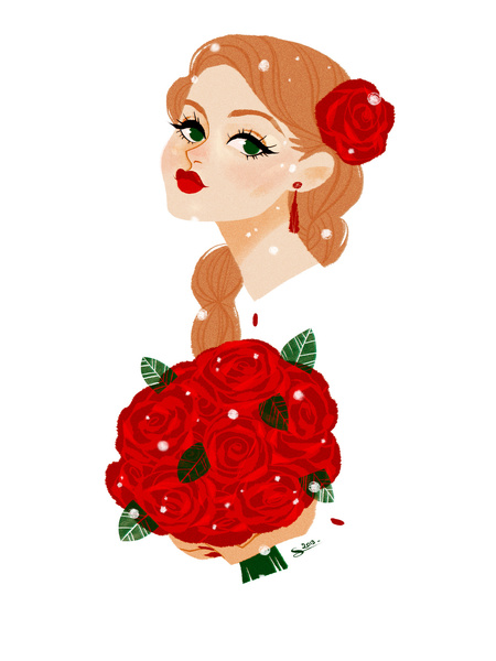 Девушка с косой держит букет красных роз