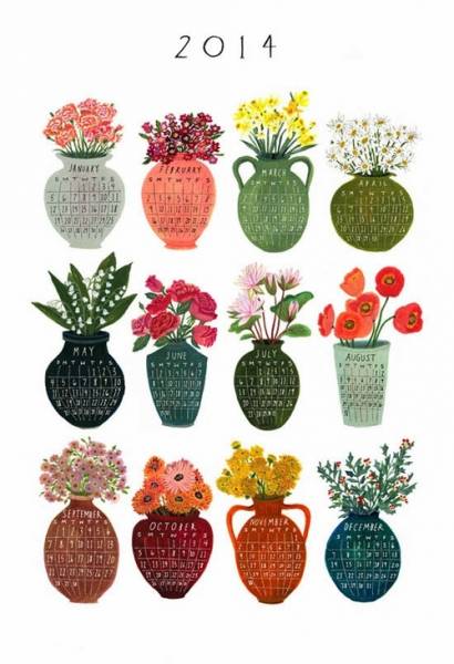 Календарь на вазах с букетами цветов (2014 год)