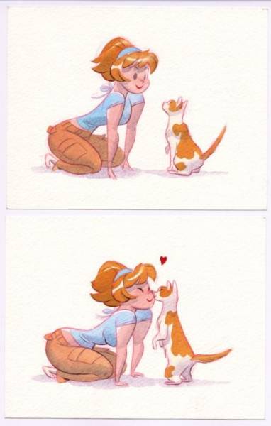 Кот целует девушку