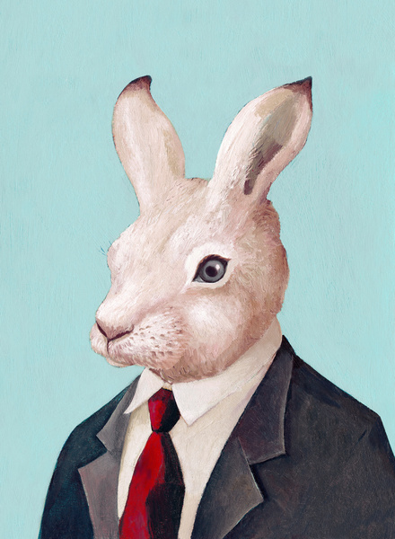 Белый кролик в костюме и в красном галстуке