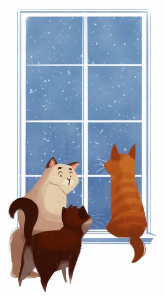гиф Три котика смотрят на снег за окном