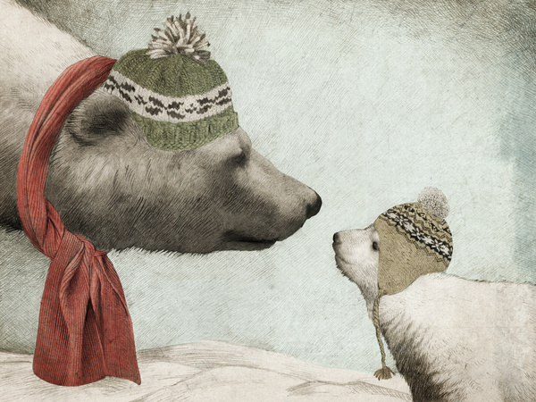 Белые медведи в шапках: папа и сынок