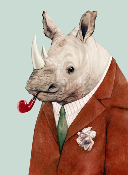 Носорог в костюме с трубкой во рту