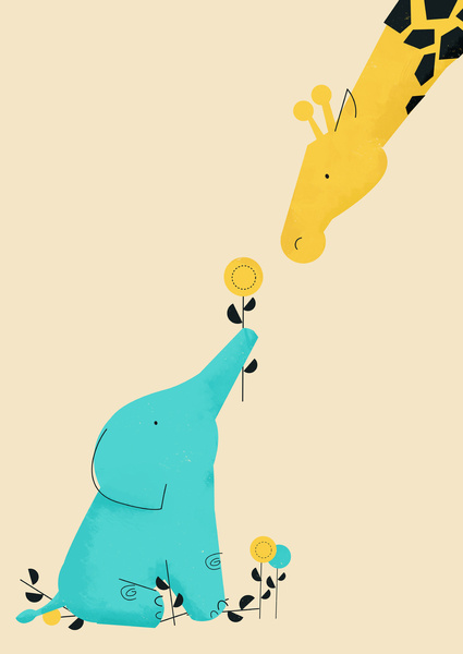 Голубой слоник дарит желтой жирафе цветок