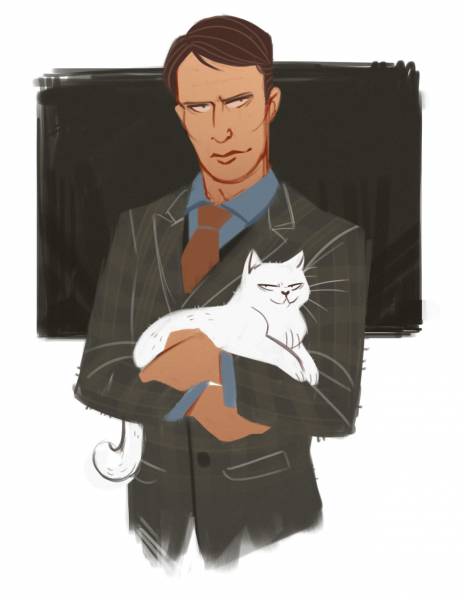 Мужчина в клетчатом пиджаке с кошкой на руках