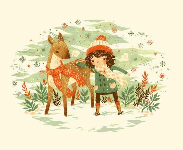 Девочка и оленёнок зимой в лесу