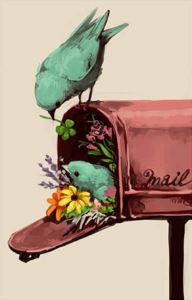 Птички в почтовом ящике с цветами