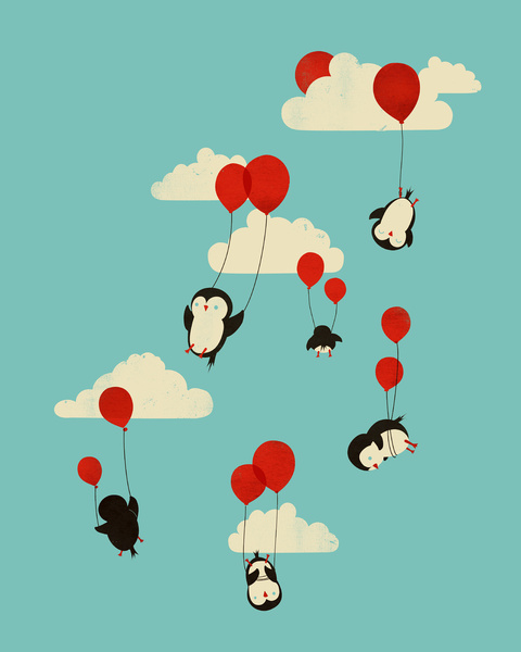 Пингвины, летящие на воздушных шариках
